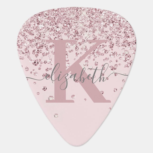 Blush Rose Gold Glitter Diamond Monogram Guitar Pick (Front)