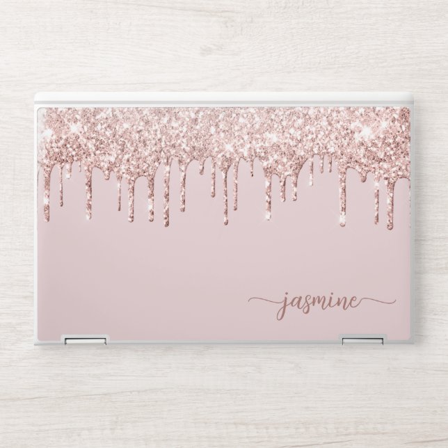 Blush Rose Gold Glitter Dripping Girly Monogram HP Laptop Skin (Front)
