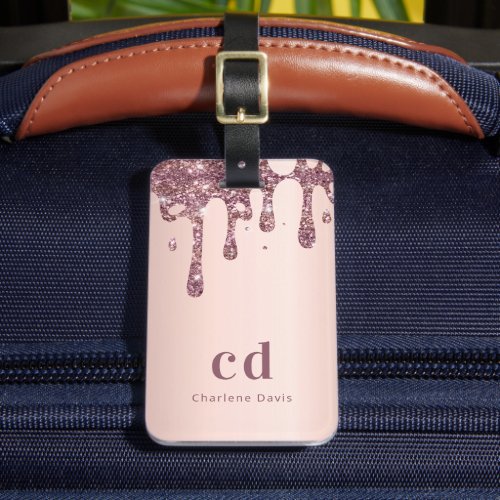 Blush rose gold glitter drips monogram name luggage tag