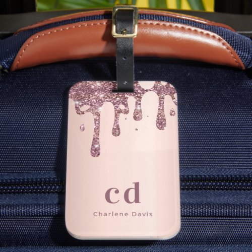 Blush rose gold glitter drips monogram name luggage tag