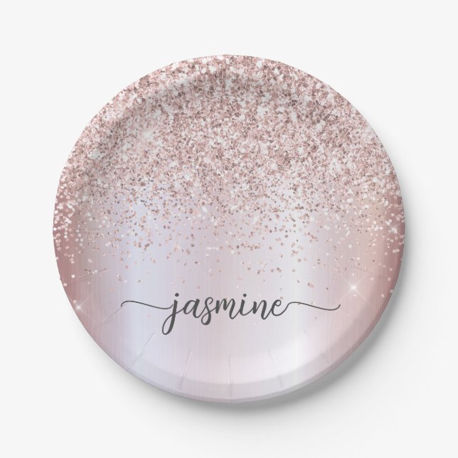 Blush Rose Gold Glitter Girly Monogram Name Script Paper Plates (Front)