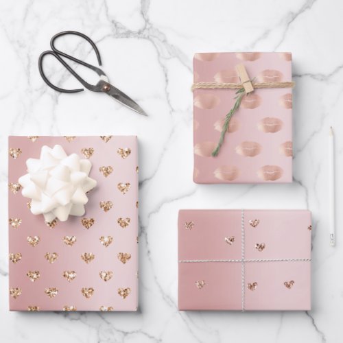 Blush Rose Gold Glitter Hearts Kisses Wrapping Paper Sheets