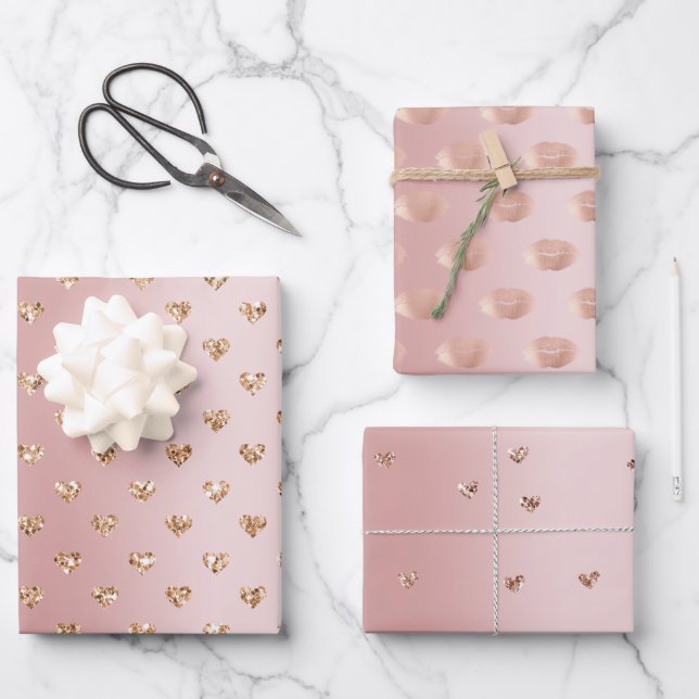 Blush Rose Gold Glitter Hearts Kisses Wrapping Paper Sheets (Front)