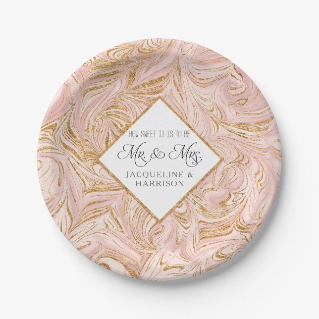 Blush Rose Gold Glitter Marble Wedding Reception Paper Plates (Front)