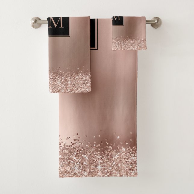 Blush Rose Gold Glitter Metallic Monogram Bath Towel Set (Insitu)