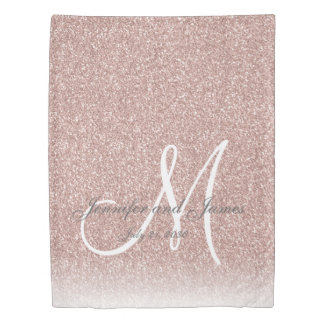 Blush Rose Gold Glitter Monogram Newlywed Wedding Duvet Cover