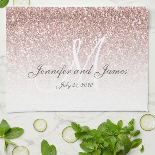 Blush Rose Gold Glitter Monogram Newlywed Wedding Kitchen Towel