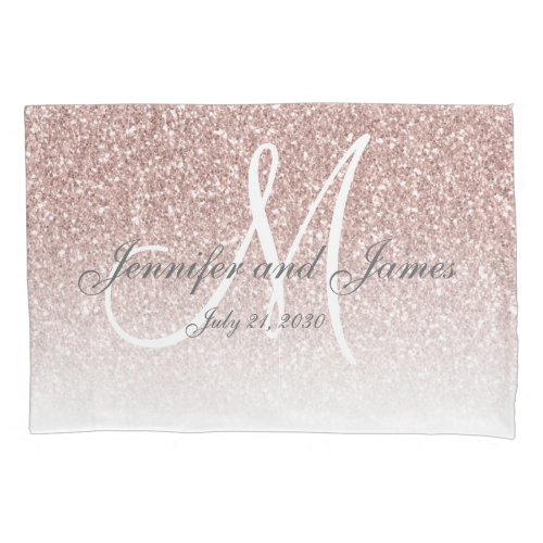 Blush Rose Gold Glitter Monogram Newlywed Wedding Pillow Case