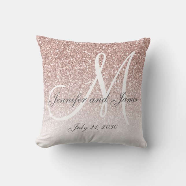Blush Rose Gold Glitter Monogram Wedding Keepsake Throw Pillow (Front)