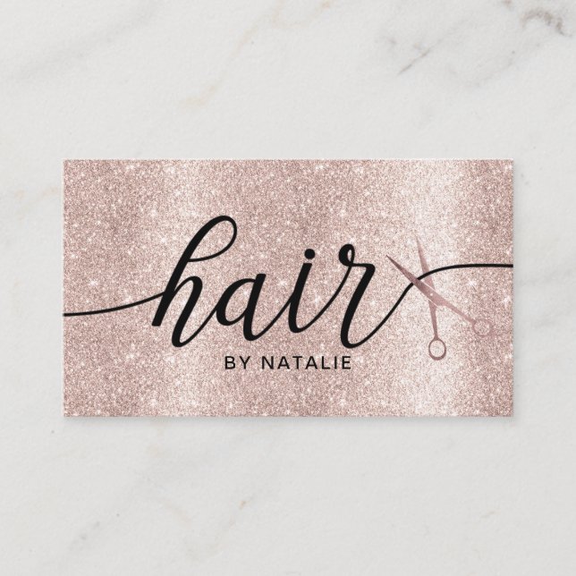 Blush Rose Gold Glitter Typography Hair Stylist Business Card (Front)