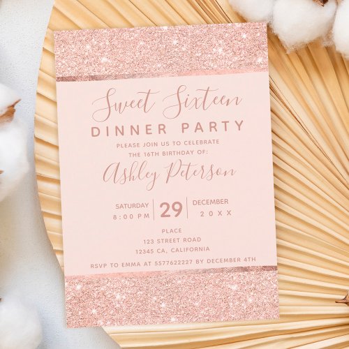 Blush rose gold glitter typography Sweet Sixteen Invitation