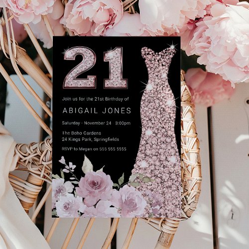 Blush  Rose Gold Gown 21st Birthday Party Invitation