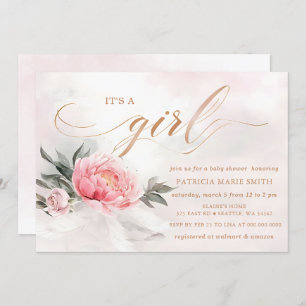 Blush Rose Gold Its a Girl Floral Baby Shower Invitation