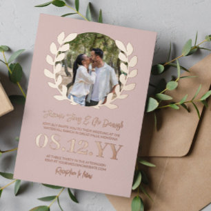 Blush Rose Gold Laurel Wreath Typography Photo Foil Invitation