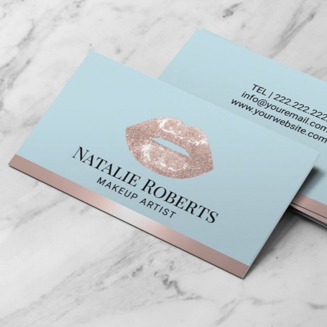 Blush Rose Gold Lips Mint Blue Beauty Salon Business Card (Creator Uploaded)