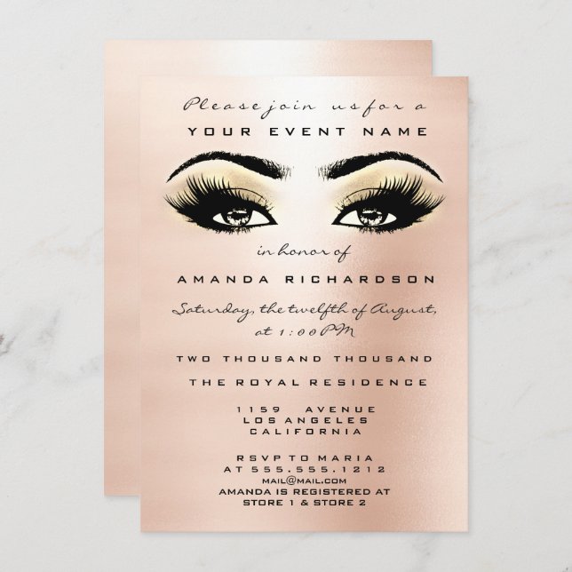Blush Rose Gold Makeup Glitter Eye 16th Bridal Invitation (Front/Back)