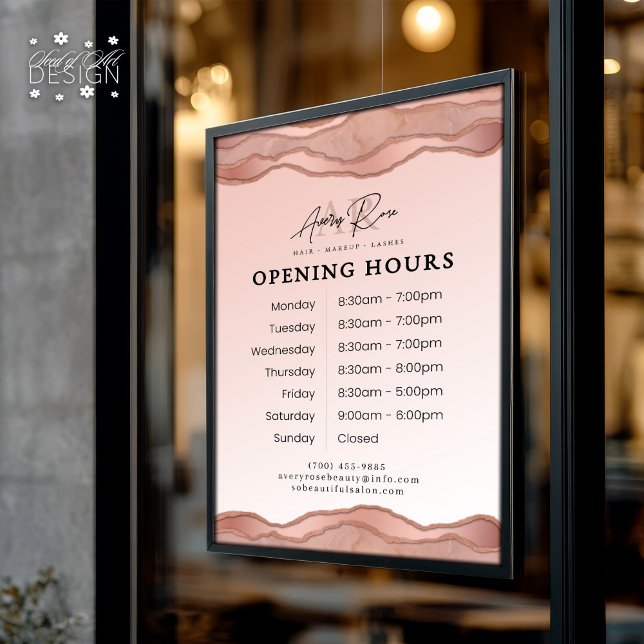 Blush Rose Gold Marble Agate Beauty Salon Hours Window Cling (Creator Uploaded)