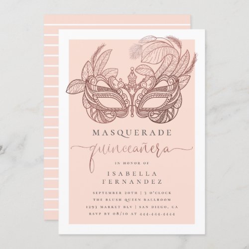 Blush  Rose Gold Masquerade Quinceaera Birthday Invitation