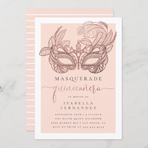 Blush & Rose Gold Masquerade Quinceañera Birthday Invitation