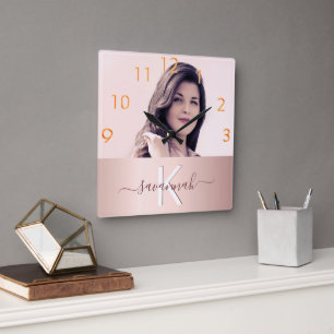 Blush rose gold name monogram photo square wall clock