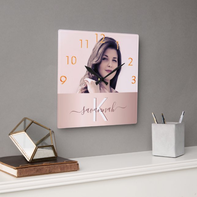 Blush rose gold name monogram photo square wall clock (Office)