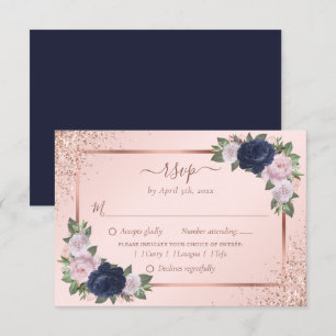  Blush Rose Gold Navy Blue Floral Wedding Meal RSVP Card