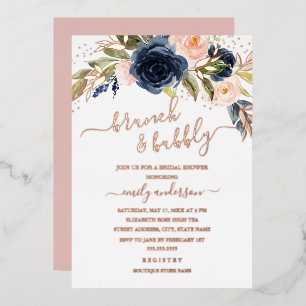 Blush Rose Gold Navy Brunch And Bubbly Bridal Foil Invitation