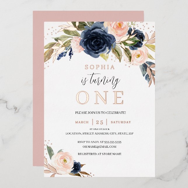 Blush Rose Gold Navy Floral Girl 1st Birthday Foil Invitation (Front/Back)