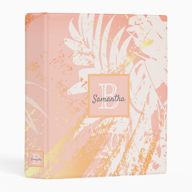 Blush rose gold palm tree leaves monogram mini binder (Front/Spine)