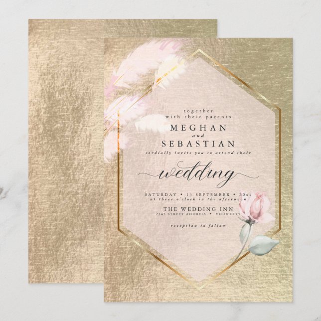 Blush Rose Gold Pampas Grass Floral  Invitation (Front/Back)