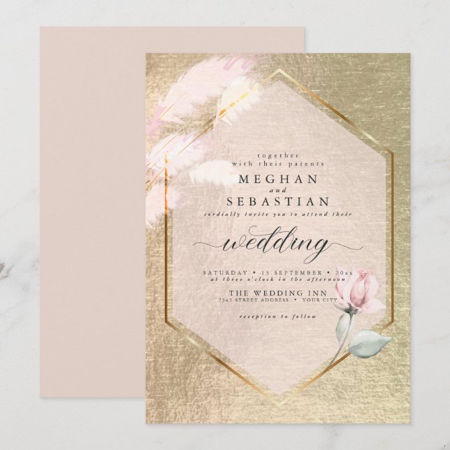 Blush Rose Gold Pampas Grass Floral  Invitation (Front/Back)