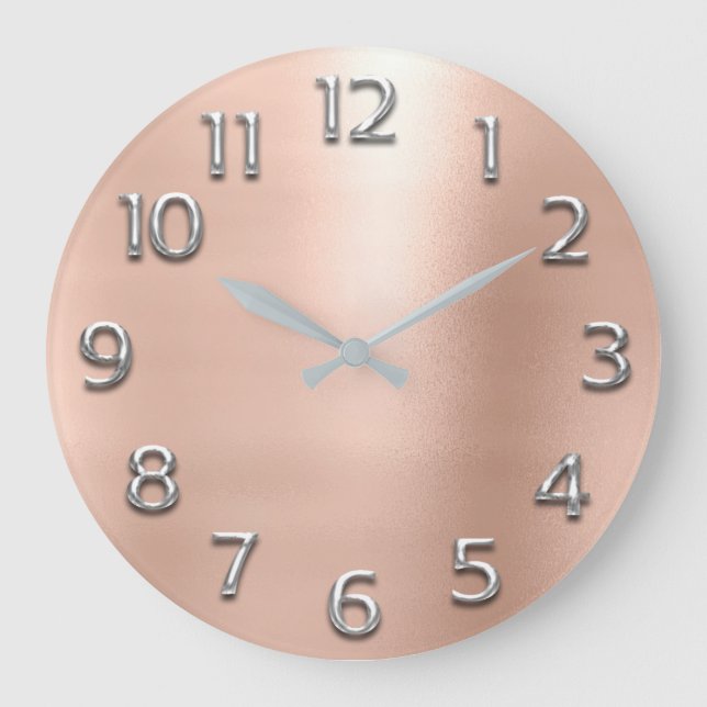 Blush Rose Gold Peach Gray Metallic Arabic Number Large Clock (Front)