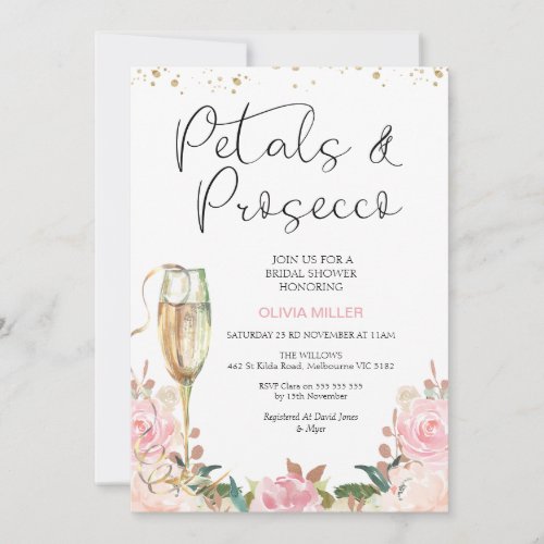 Blush Rose Gold Petals and Prosecco Bridal Shower Invitation