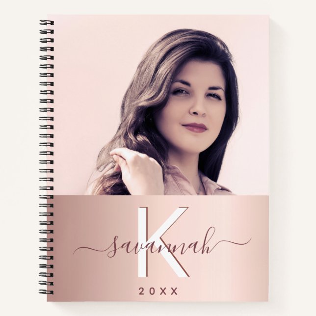 Blush rose gold photo monogram elegant notebook (Front)