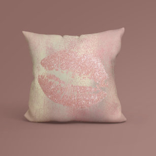Blush Rose Gold Pink Glitter Kiss Lips Makeup Throw Pillow