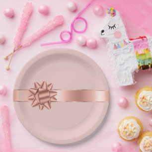 Blush Rose Gold Ribbon Bow Birthday Paper Plates