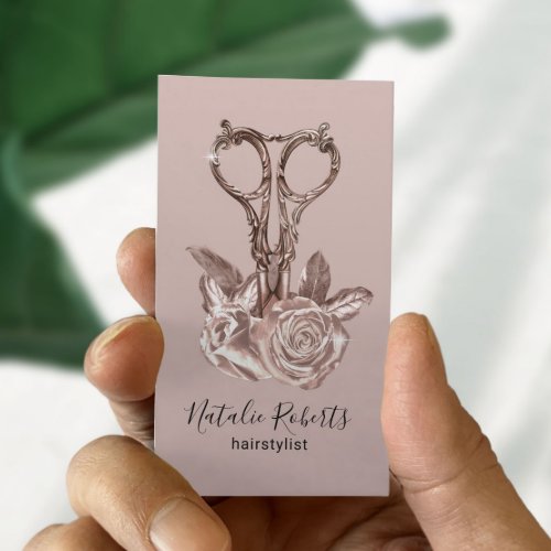 Blush Rose Gold Scissor Flowers Hair Stylist Salon Business Card
