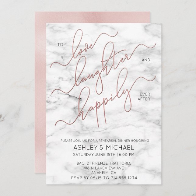 Blush Rose Gold Script Marble Rehearsal Invite (Front/Back)