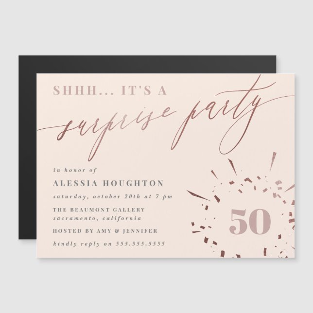 Blush & Rose Gold Script Surprise Party Magnetic Invitation (Front/Back)