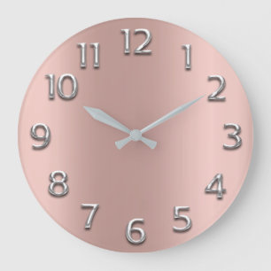 Blush Rose Gold Silver Gray Metallic Arabic Number Large Clock