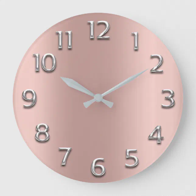 Blush Rose Gold Silver Gray Metallic Arabic Number Large Clock | Zazzle