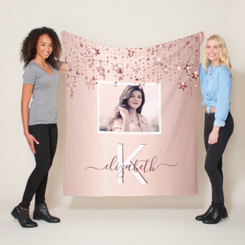 Blush rose gold stars monogram photo fleece blanket