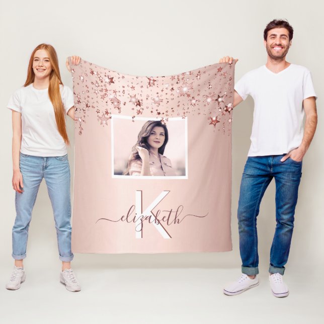 Blush rose gold stars monogram photo fleece blanket (In Situ)