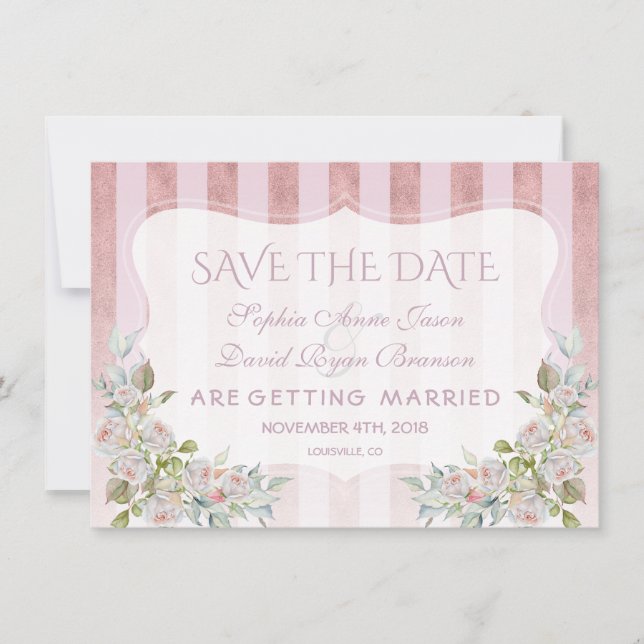 Blush Rose Gold Stripes White Flowers Wedding Save The Date (Front)
