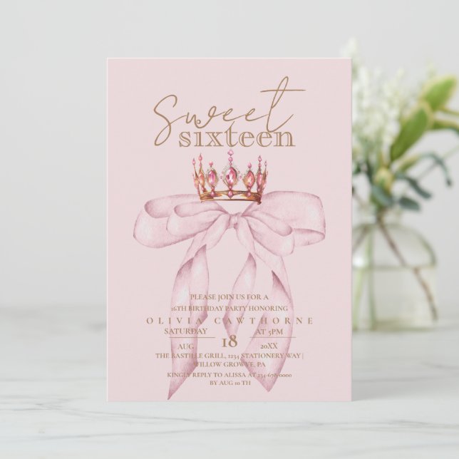 Blush Rose & Gold Sweet 16 Bow Crown Birthday  Invitation (Standing Front)