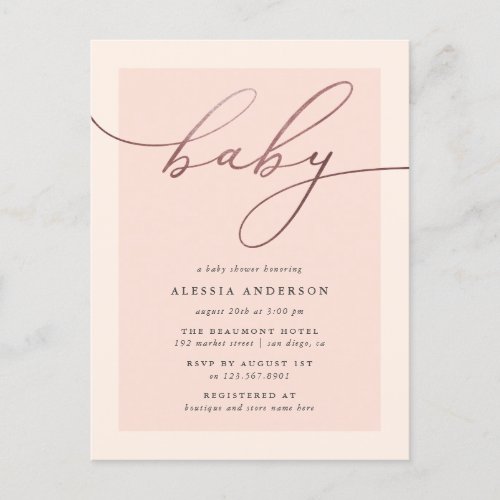 Blush  Rose Gold Typography Girl Baby Shower Invitation Postcard