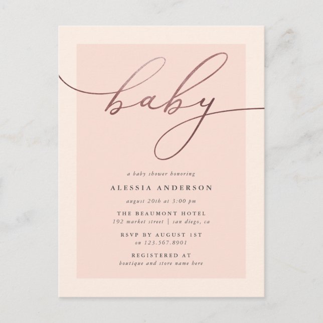 Blush & Rose Gold Typography Girl Baby Shower Invitation Postcard (Front)