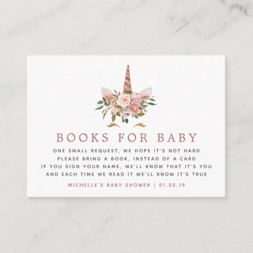 Blush  Rose Gold Unicorn Baby Shower Book Request Enclosure Card