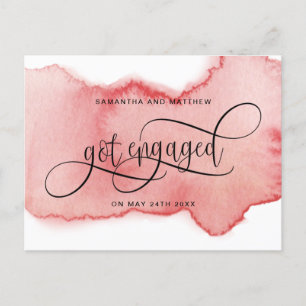 Blush Rose Gold Watercolor Got Engaged, Engagement Announcement Postcard