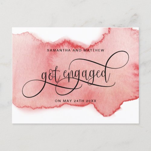 Blush Rose Gold Watercolor Got Engaged Engagement Announcement Postcard
